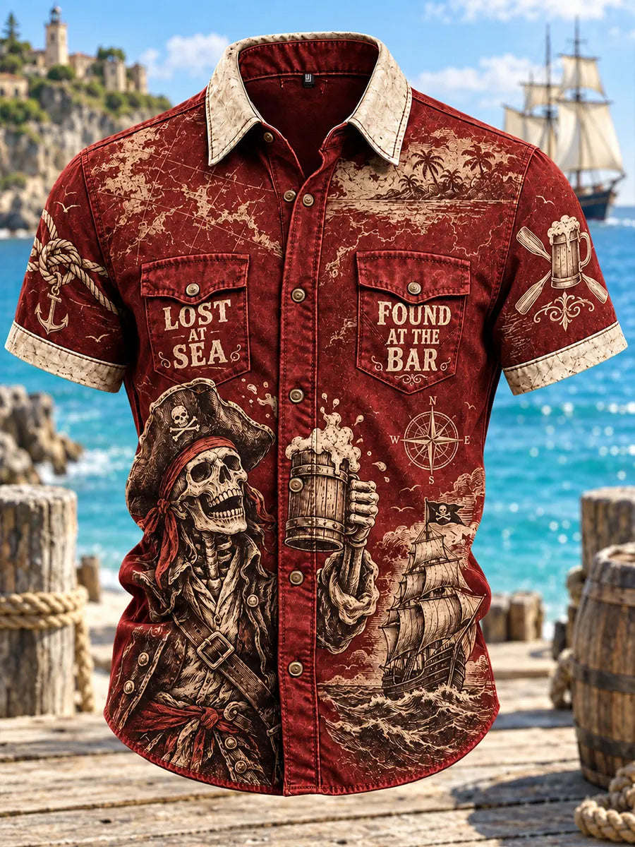 Men’s Vintage Toasting Pirate Double-Pocket Short Sleeve Shirt