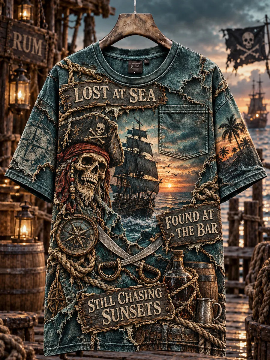 Men’s Lost at Sea Found at the Bar Sunset Pirate Graphic Pocket T-Shirt