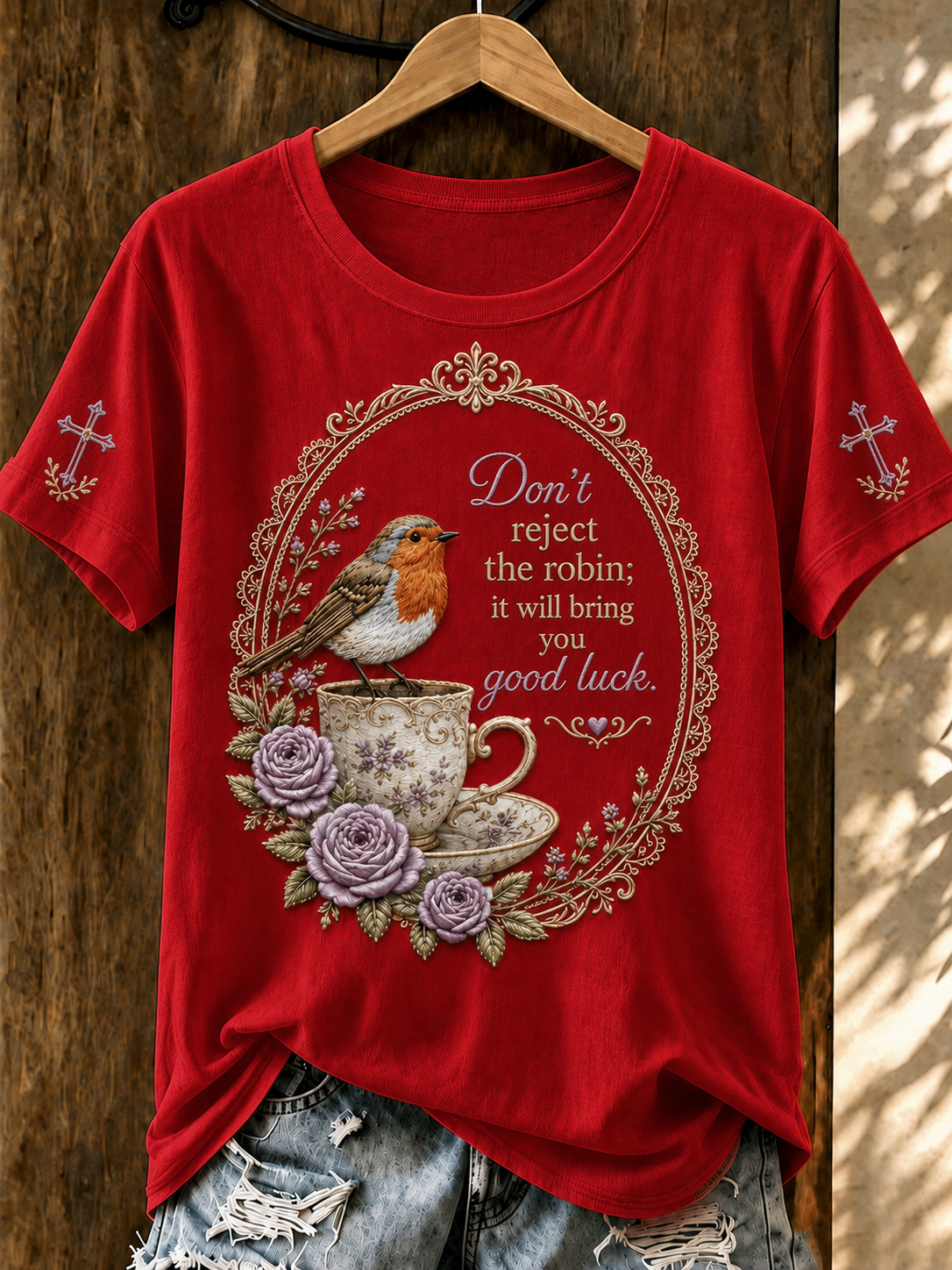 Women's “Don't reject the robin; it will bring you good luck ” Short Sleeved T-Shirt