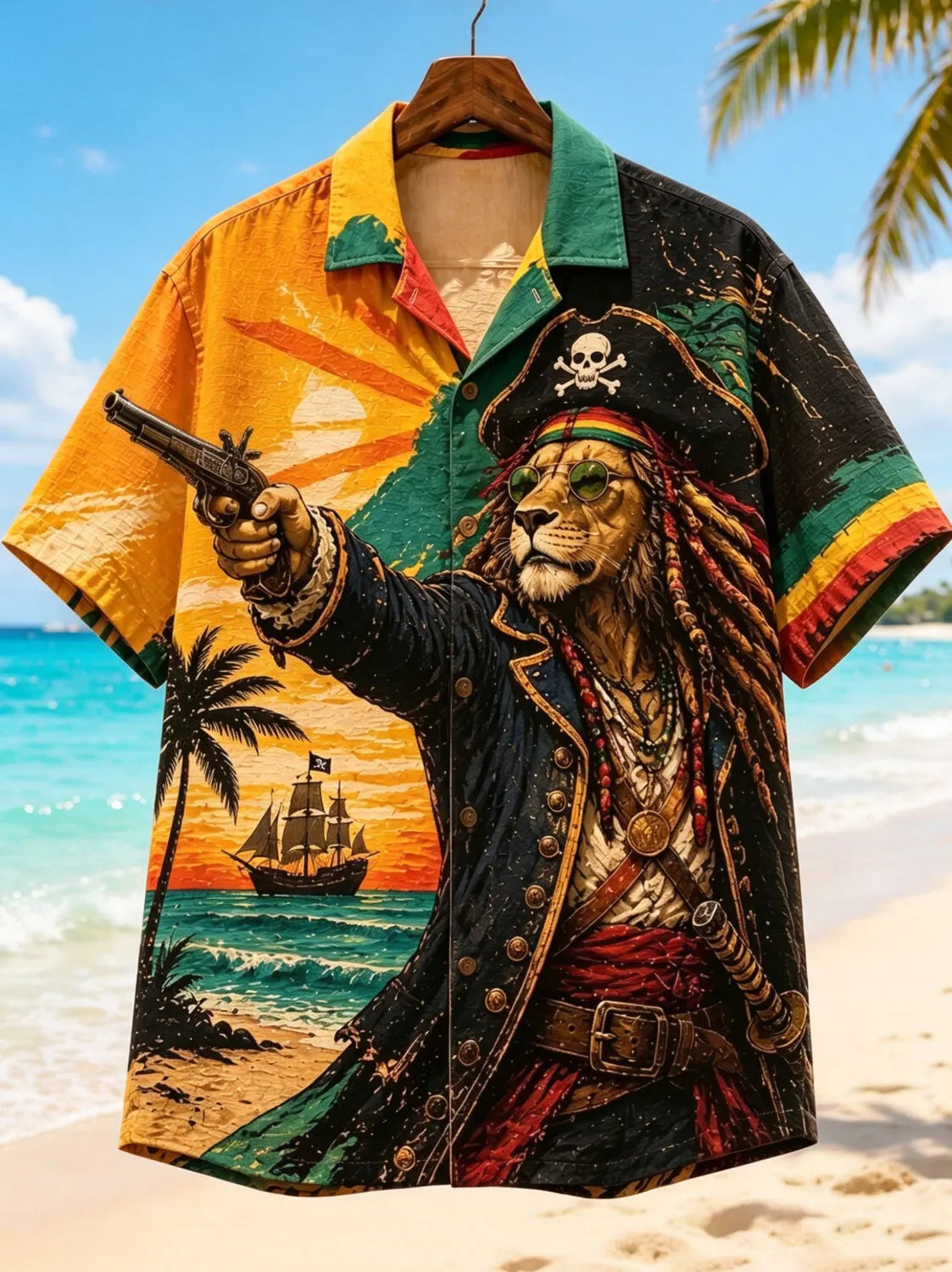 Men's Jamaica Rasta Color Block Hawaiian Dreadlock Lion Pirate Pistol Palm Tree Art Print Casual Shirt