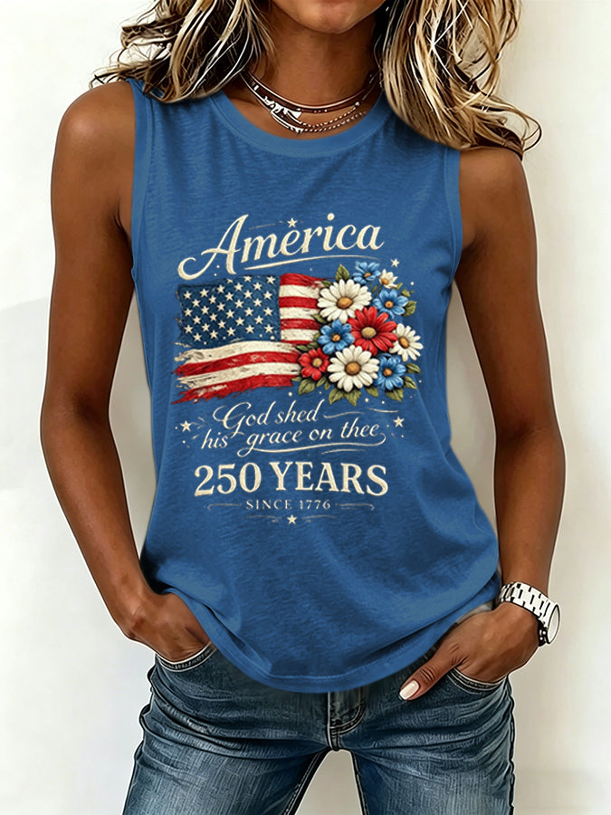 Women's America 250 Years Flag Floral Printed Tank Top