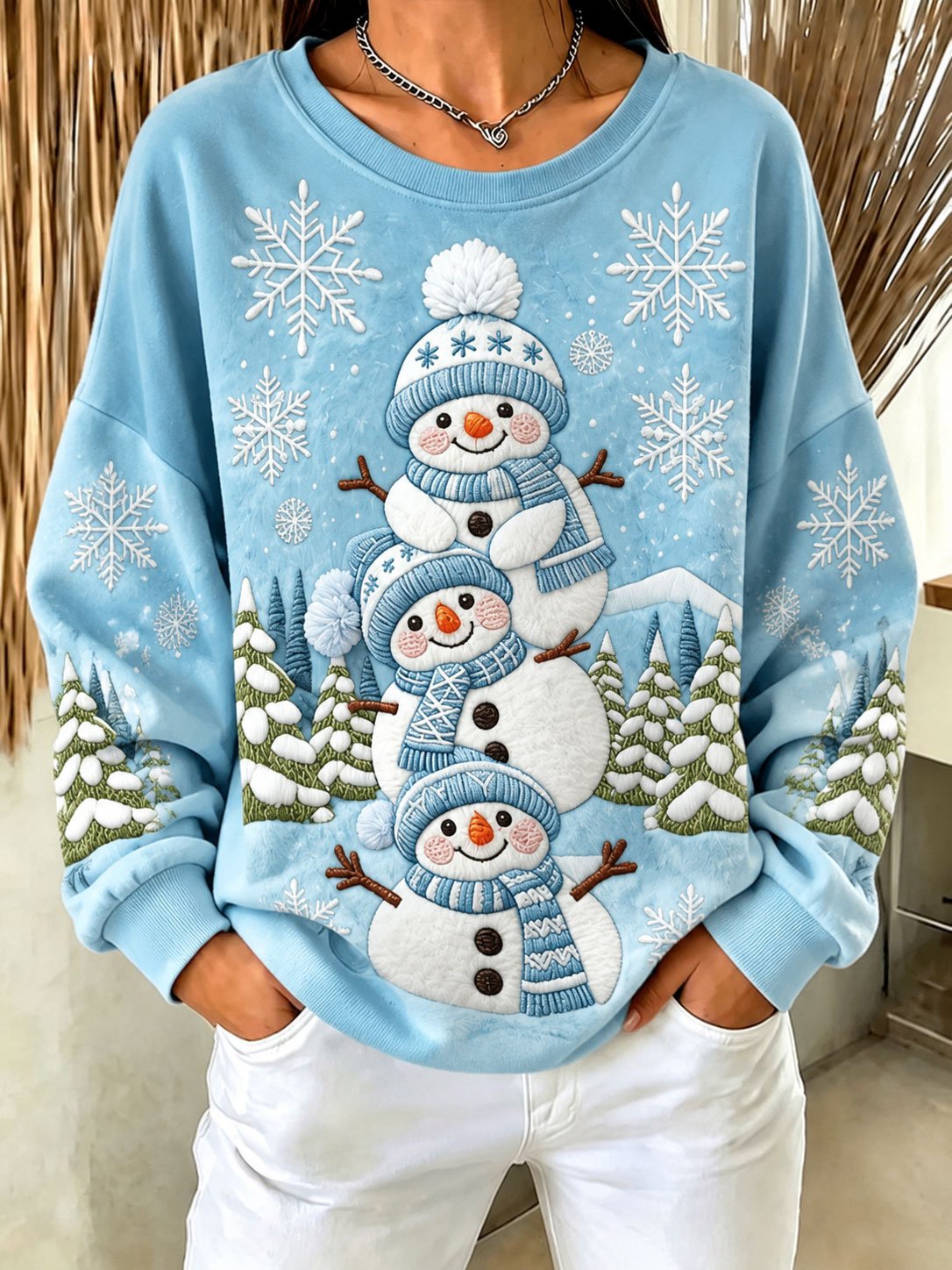 Women's Christmas Snowman Print Long-Sleeve Sweatshirt