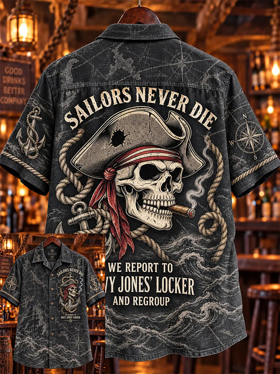 🏴‍☠️ 💀 "Sailors Never Die" Pirate Skull Denim Shirt⚓