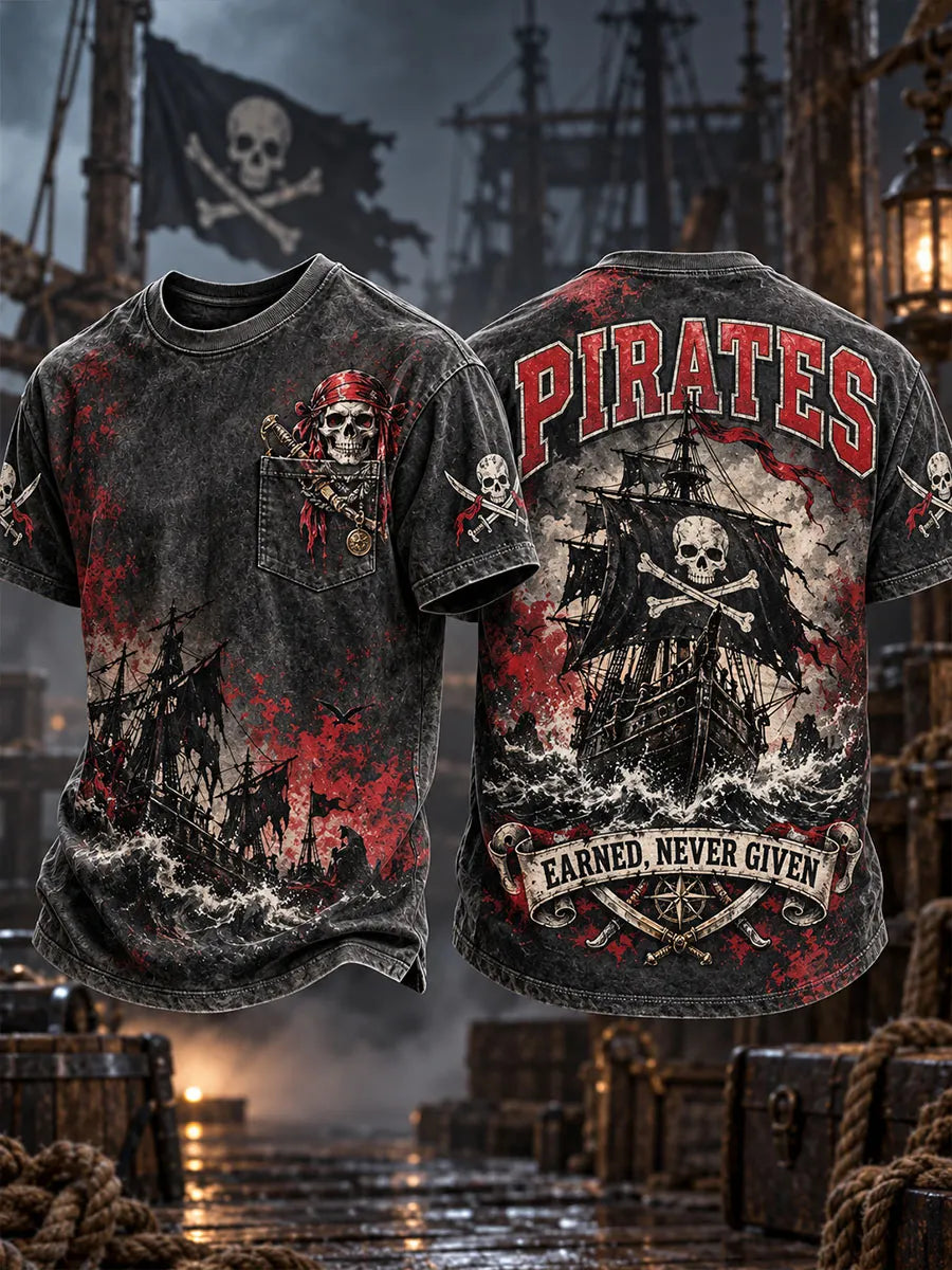 Men’s Vintage “Pirates—Earned, Never Given” Washed Pocket T-Shirt