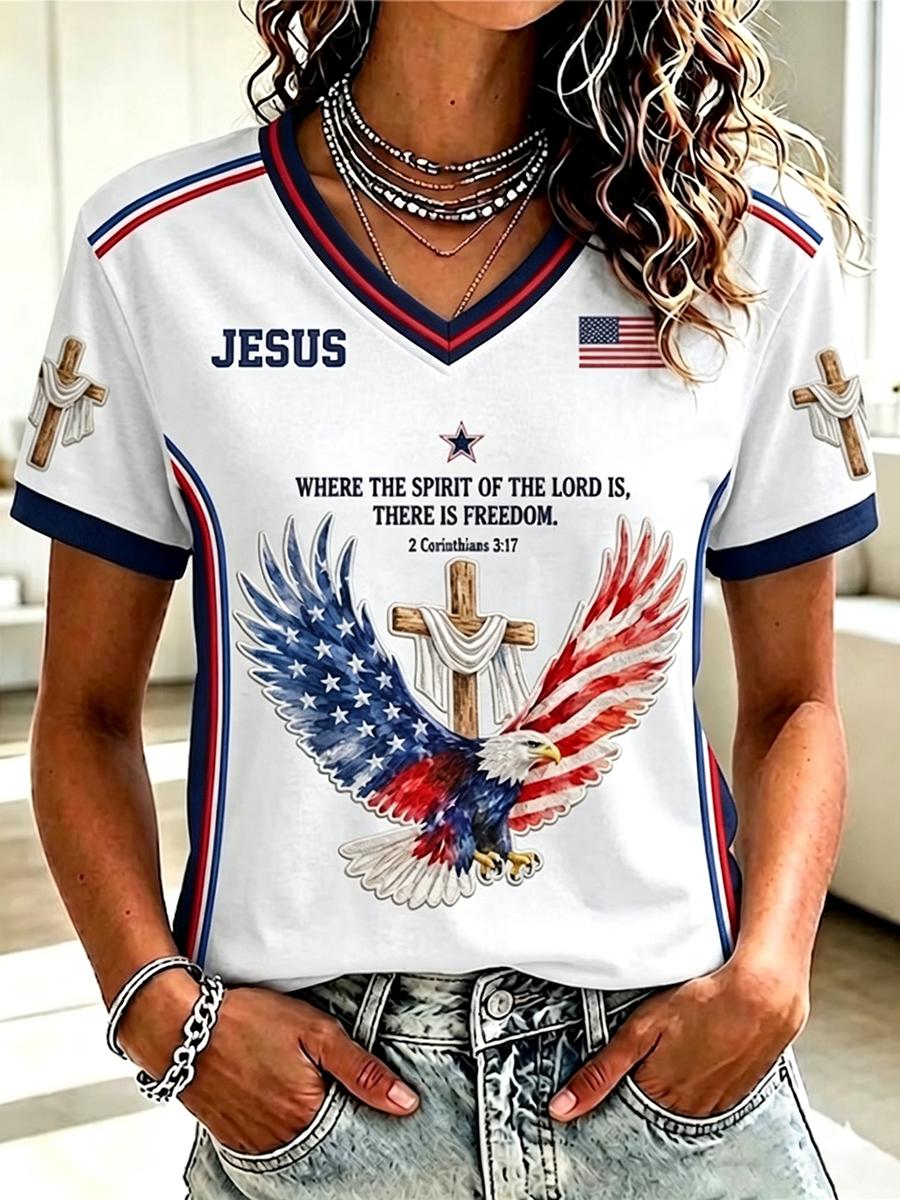 250Th Anniversary Faith Glitter Printed V-Neck Short Sleeved T-Shirt In The United States