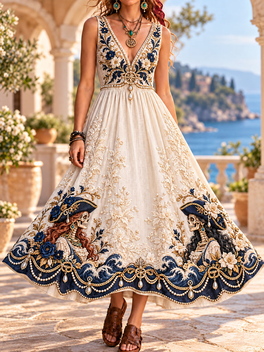 Women's Floral, Pearl & Pirate Skeleton Print V-Neck Flared Dress