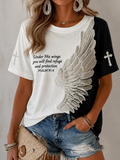 Women's Faith Black And White Contrast Big Wings Cross English Slogan Loose Round Neck Short Sleeve T-shirt