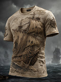 Men's Vintage 3D Pirate Ship Art Print T-Shirt
