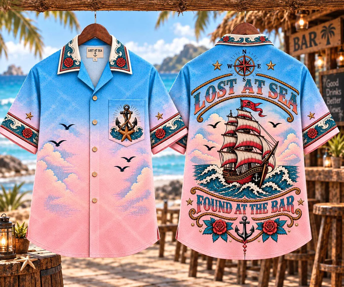 ⛵ Lost At Sea Found At The Bar Classic Sailing Ship Gradient Beach Shirt