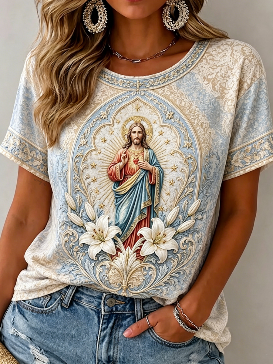 Women'S Jesus Faith Flower Art Printed T-Shirt