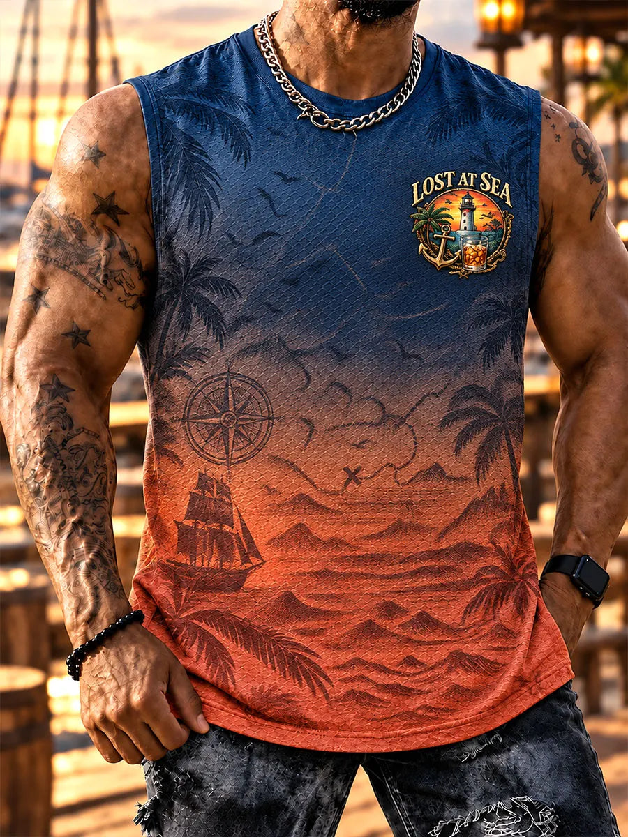 Men’s “Lost at Sea” Pirate Beach Bar & Sunset Print Sleeveless Tank Top