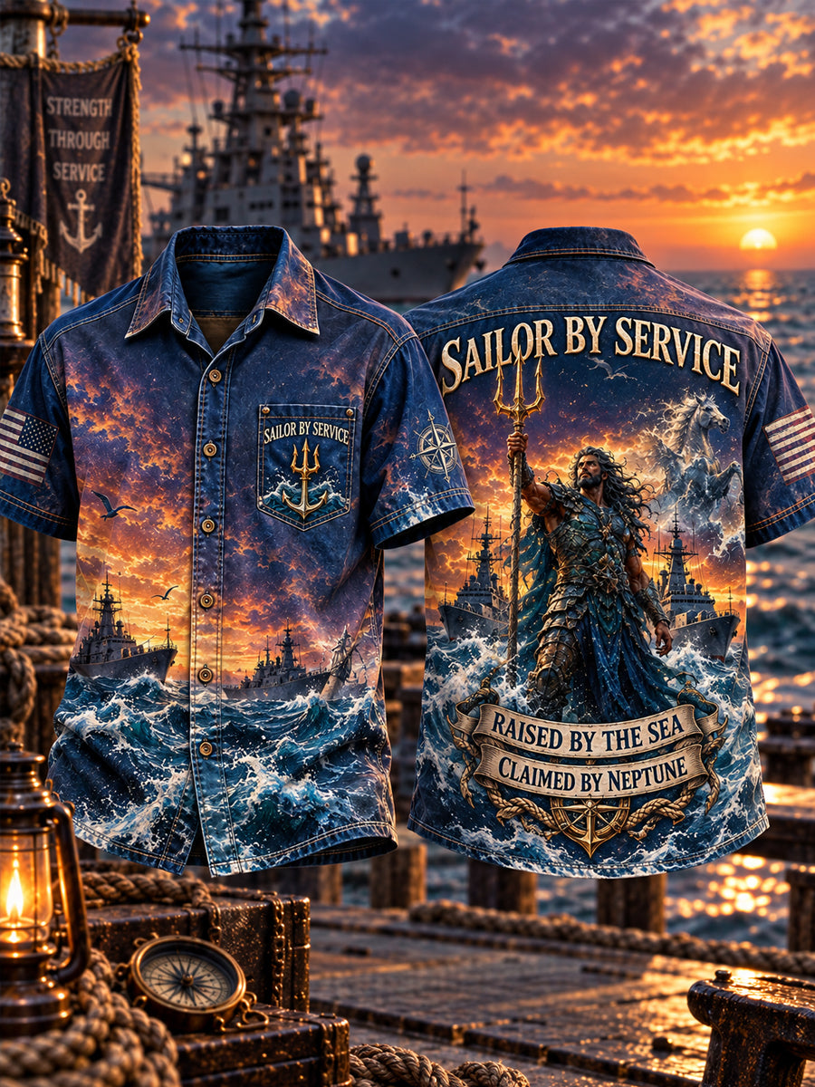Men’s Veteran “SAILOR BY SERVICE RAISED BY THE SEA CLAIMED BY NEPTUNE” Printed Short Sleeve Shirt