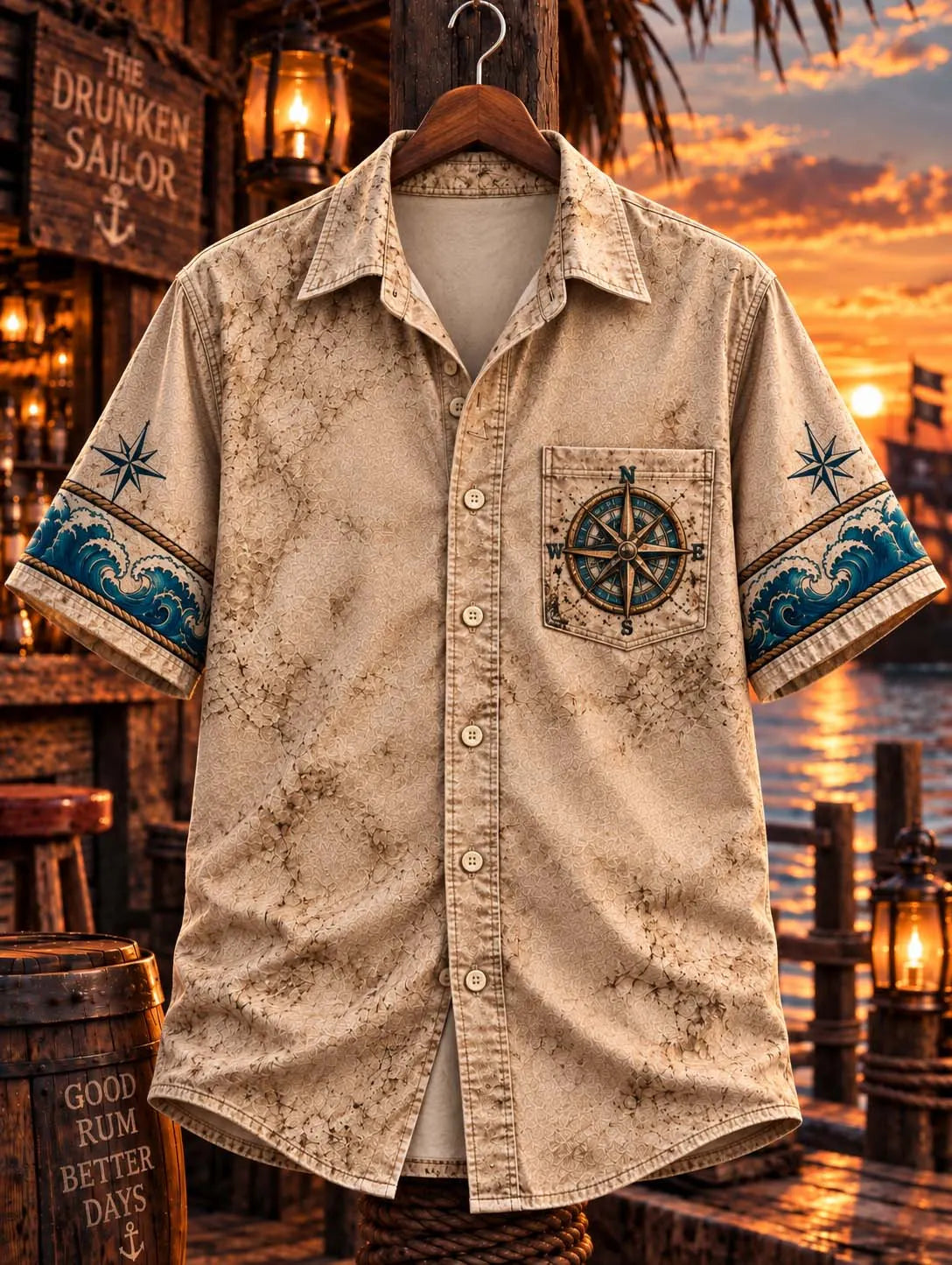 🌊 ⚓ Lost at Sea & Found at Bar Vintage Pirate Tropical Hawaiian Shirt