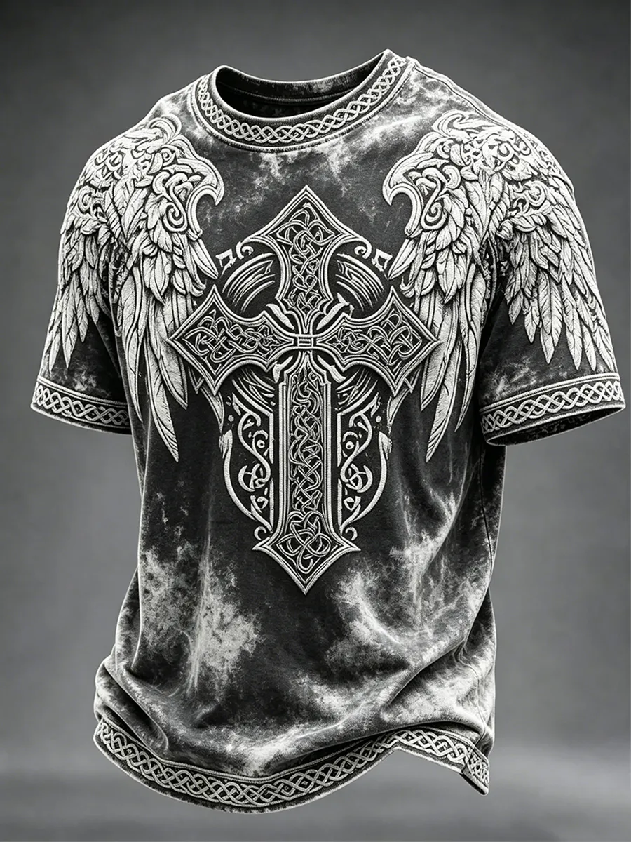 Men'S Retro Viking Celtic Cross With Wings Printed Short Sleeve T-Shirt
