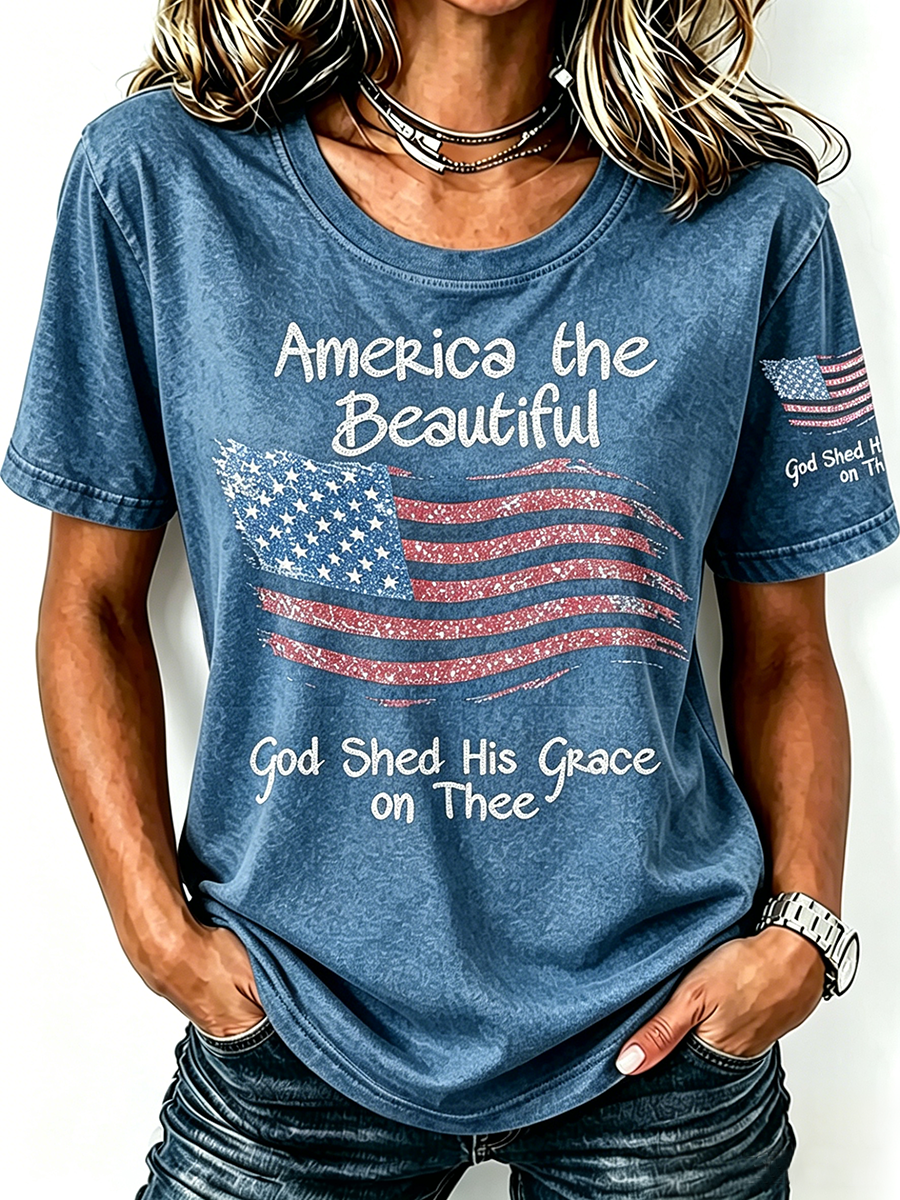 American Flag Faith Commemorative Printed Round Neck T-Shirt