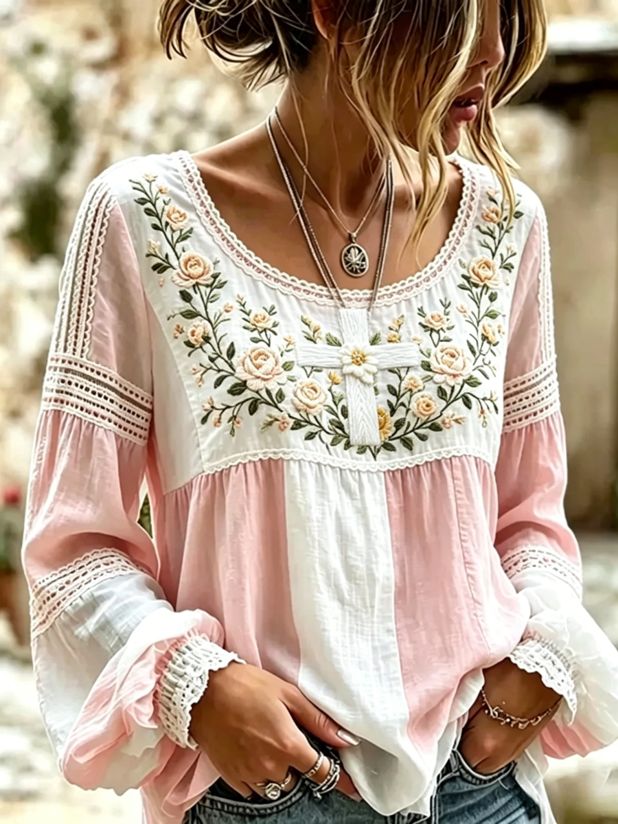 Women's Faith Floral Embroidered Long Sleeve Peplum Blouse