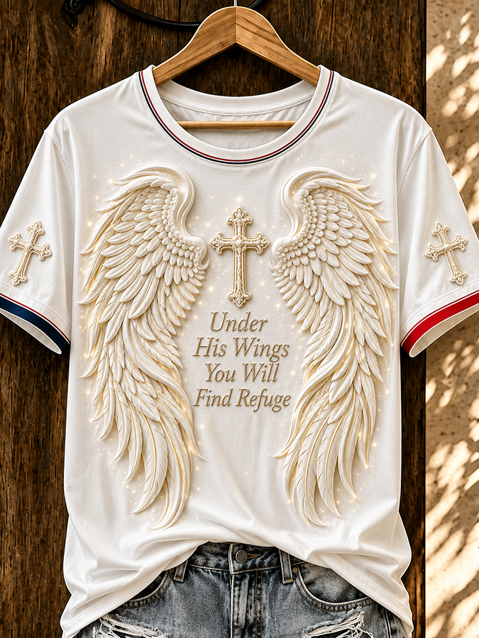 Under His Wings, You Will Find A Sanctuary Of Elegant Horses With Wings And Cross Printed Short Sleeved T-Shirts