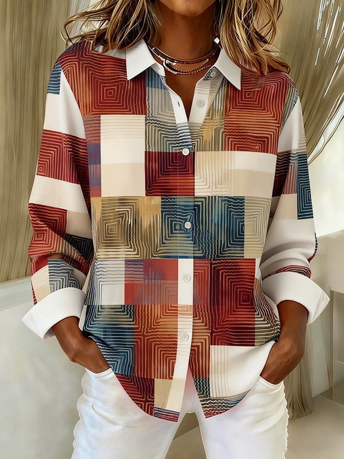 Women's Casual Retro Autumn And Winter Contrasting Color Shirt