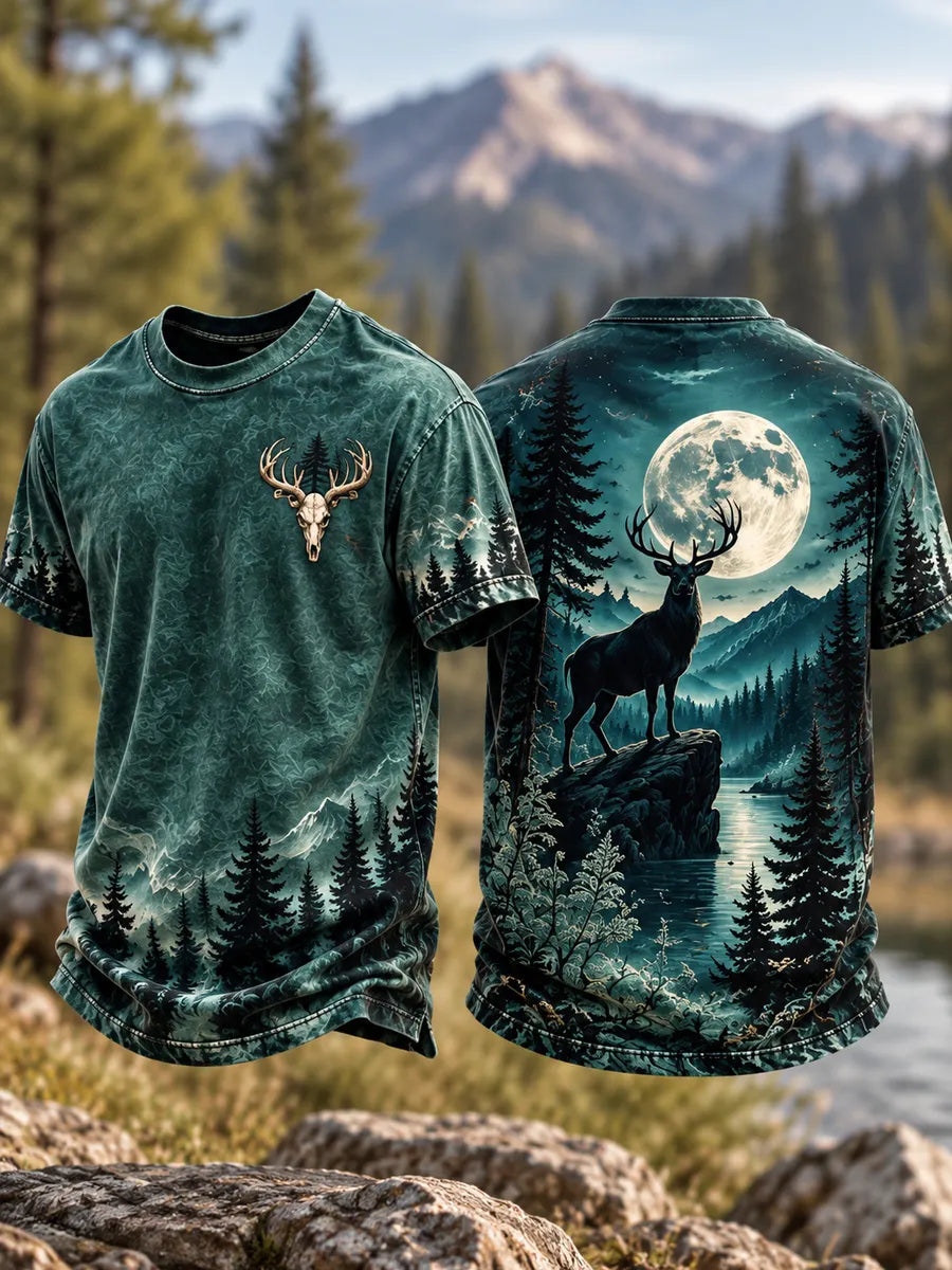Men's Retro Hunting Culture Print Crew Neck Short Sleeve T-Shirt