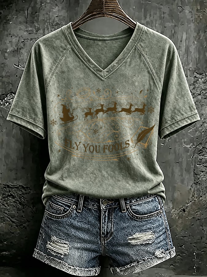 V Neck Retro Funny Christmas Fly You Fools Reindeer Holiday Season Print T-Shirt