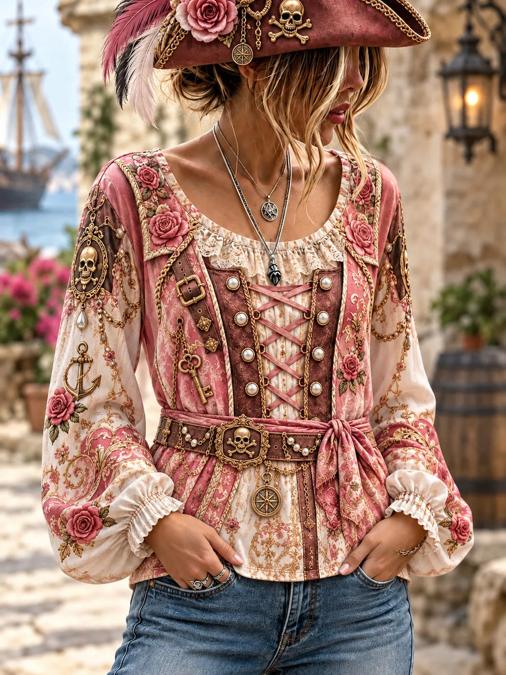 Women's Vintage-Style Pirate Art Print Casual Top