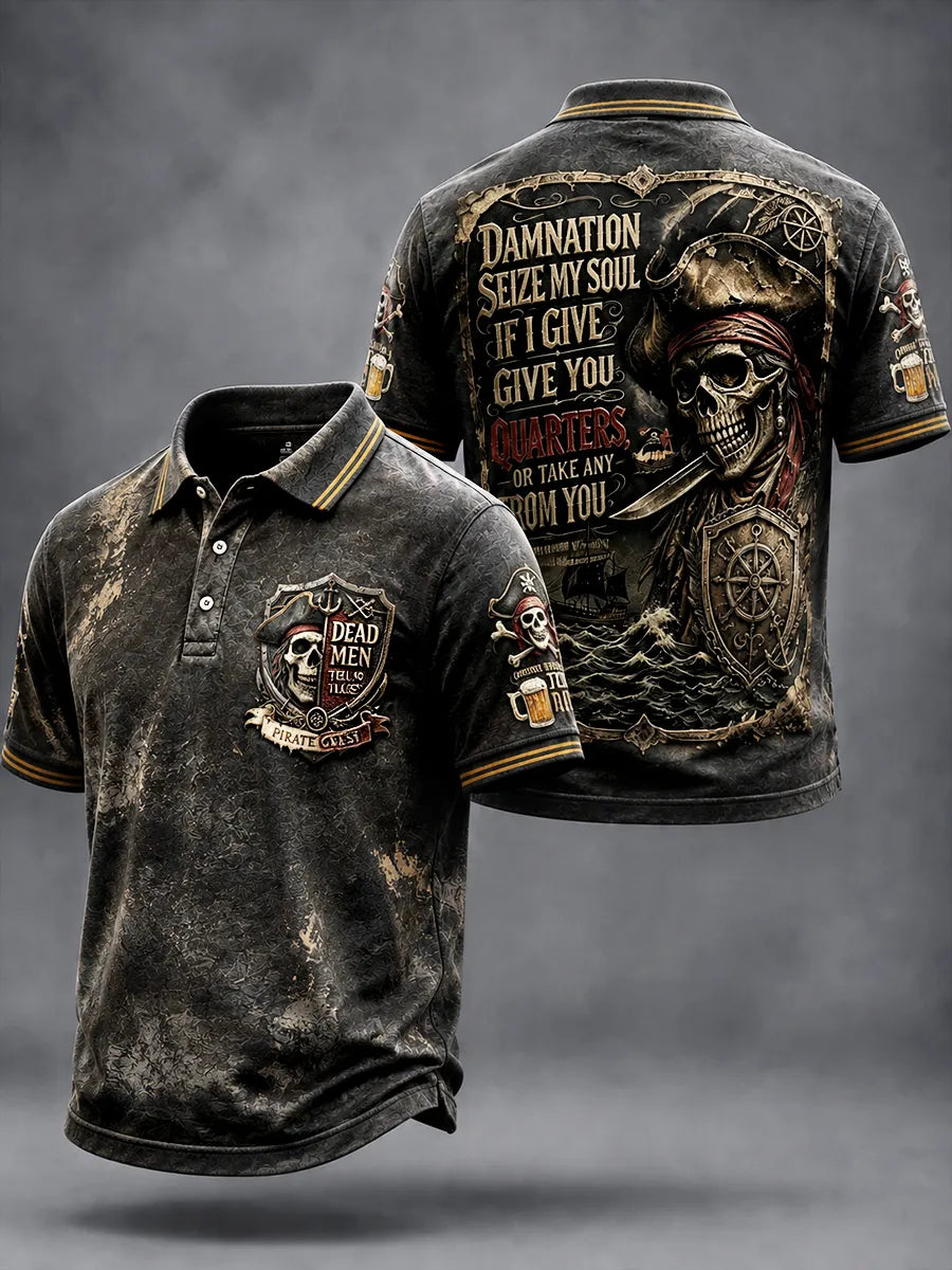 Menâ€TMs Retro Pirate Slogan-Printed Casual Polo Shirt