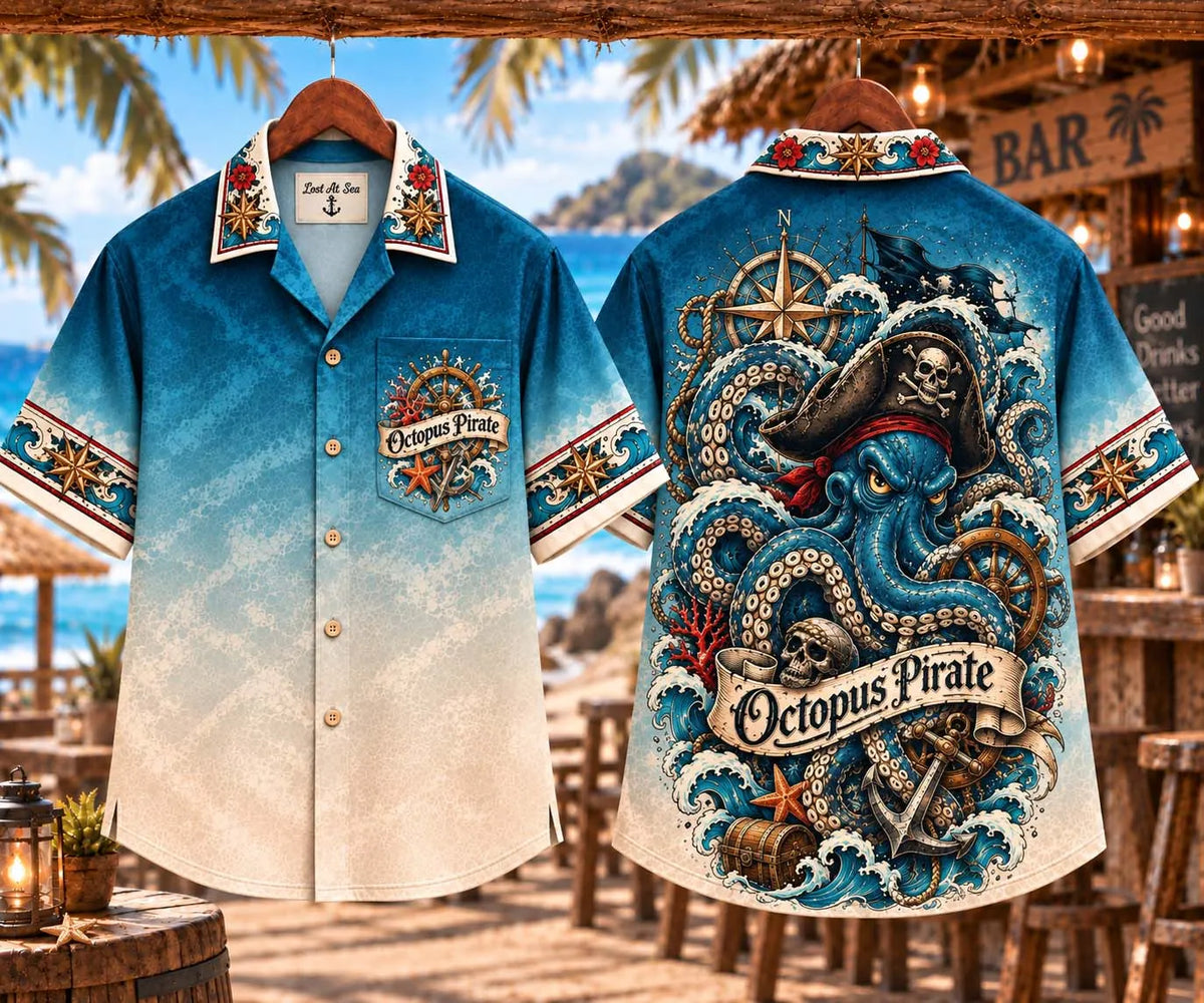 ☠️ Octopus Pirate Vintage Nautical Treasure Chest & Anchor Blue Beach Shirt