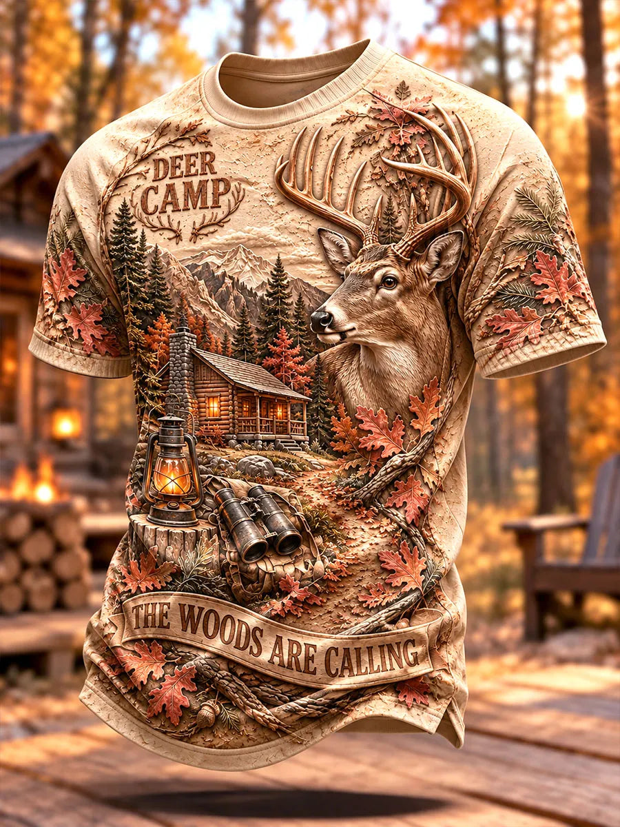 Men’s Deer Camp Buck & Cabin 3D-Effect Print Crewneck T-Shirt