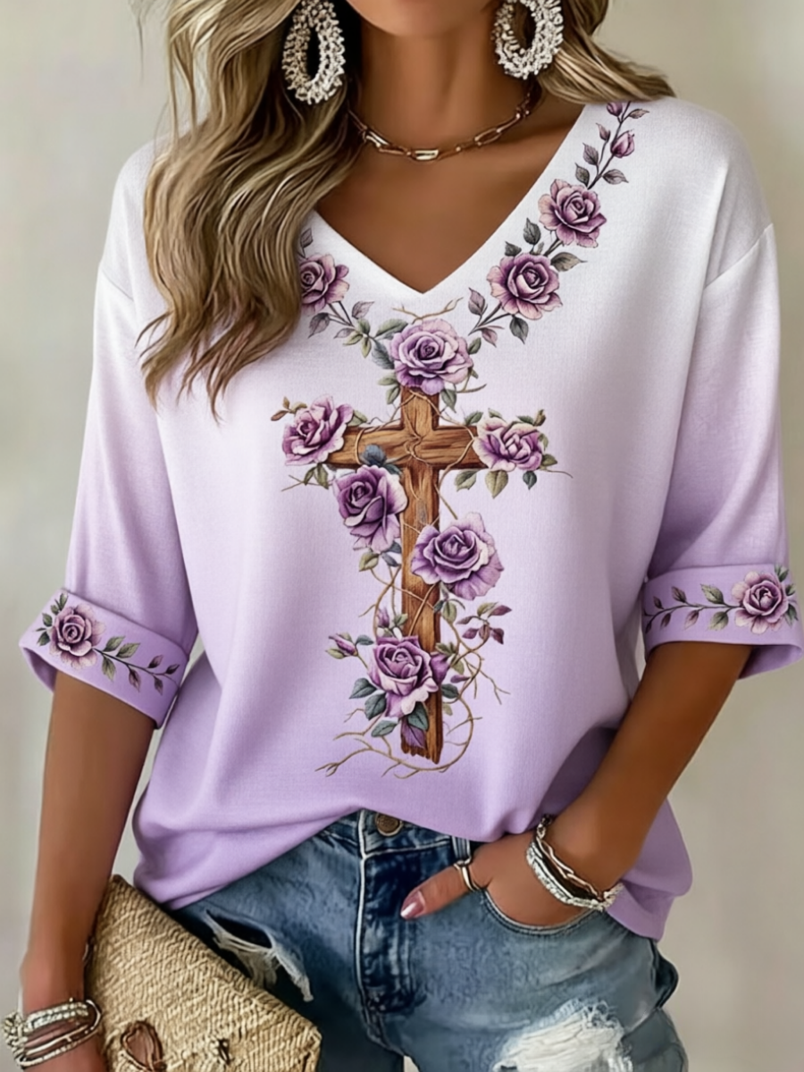 Women's faith embroidered printed top