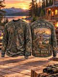 Men’s Deer Camp Sunset Buck Camo Print Long-Sleeve Crewneck T-Shirt