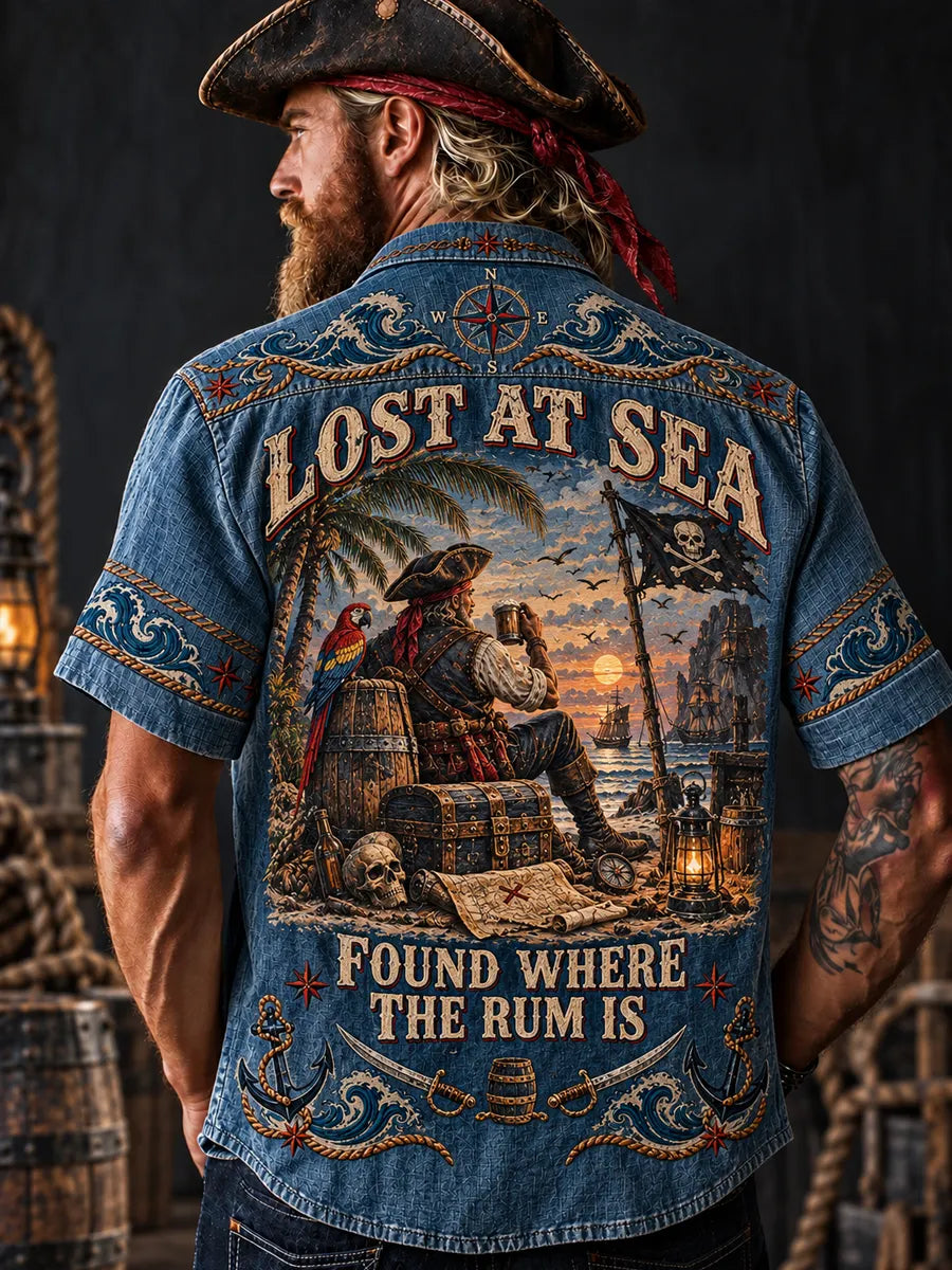 Men’s Vintage "LOST AT SEA " Old Salt Pirate Short Sleeve Shirt