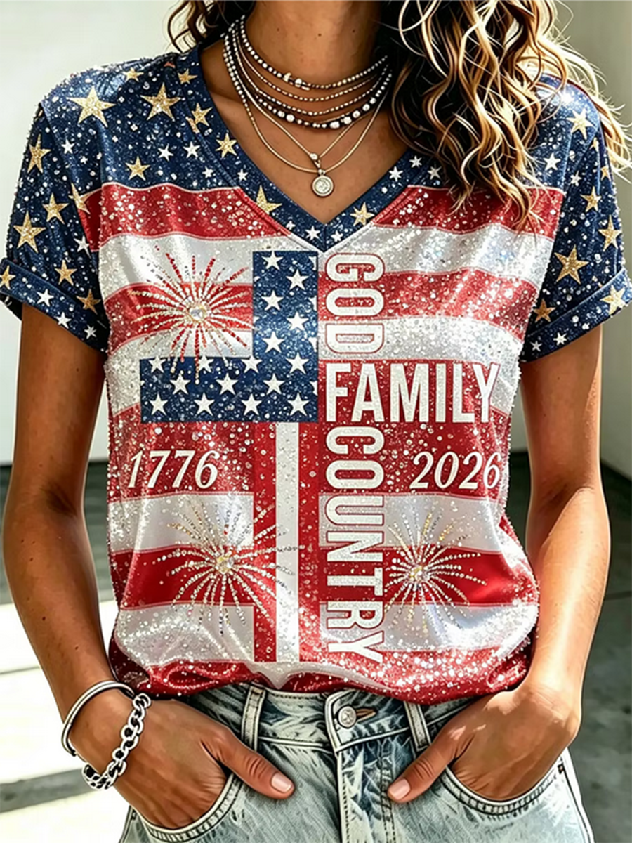 250Th Anniversary Faith Glitter Printed V-Neck Short Sleeved T-Shirt In The United States