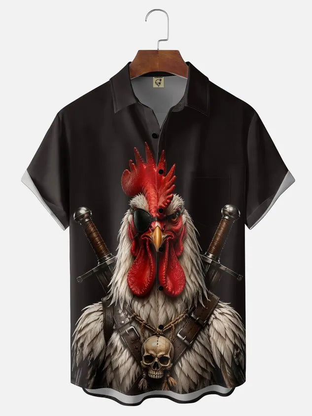 Moisture-Wicking Fun Pirate Chicken Chest Pocket Holiday Hawaiian Shirt
