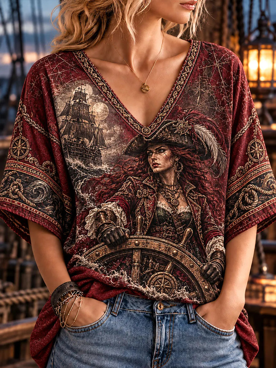 Female Pirate Captain & Sailing Ship Vintage Women’s V-Neck 3/4 Sleeve Blouse