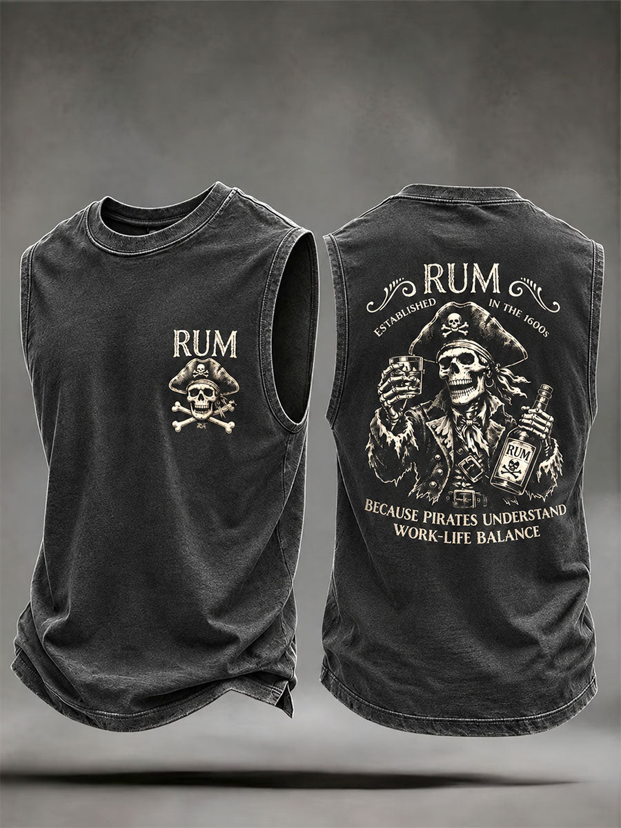Men’s Pirate Rum Humor Vintage Washed Sleeveless T-Shirt