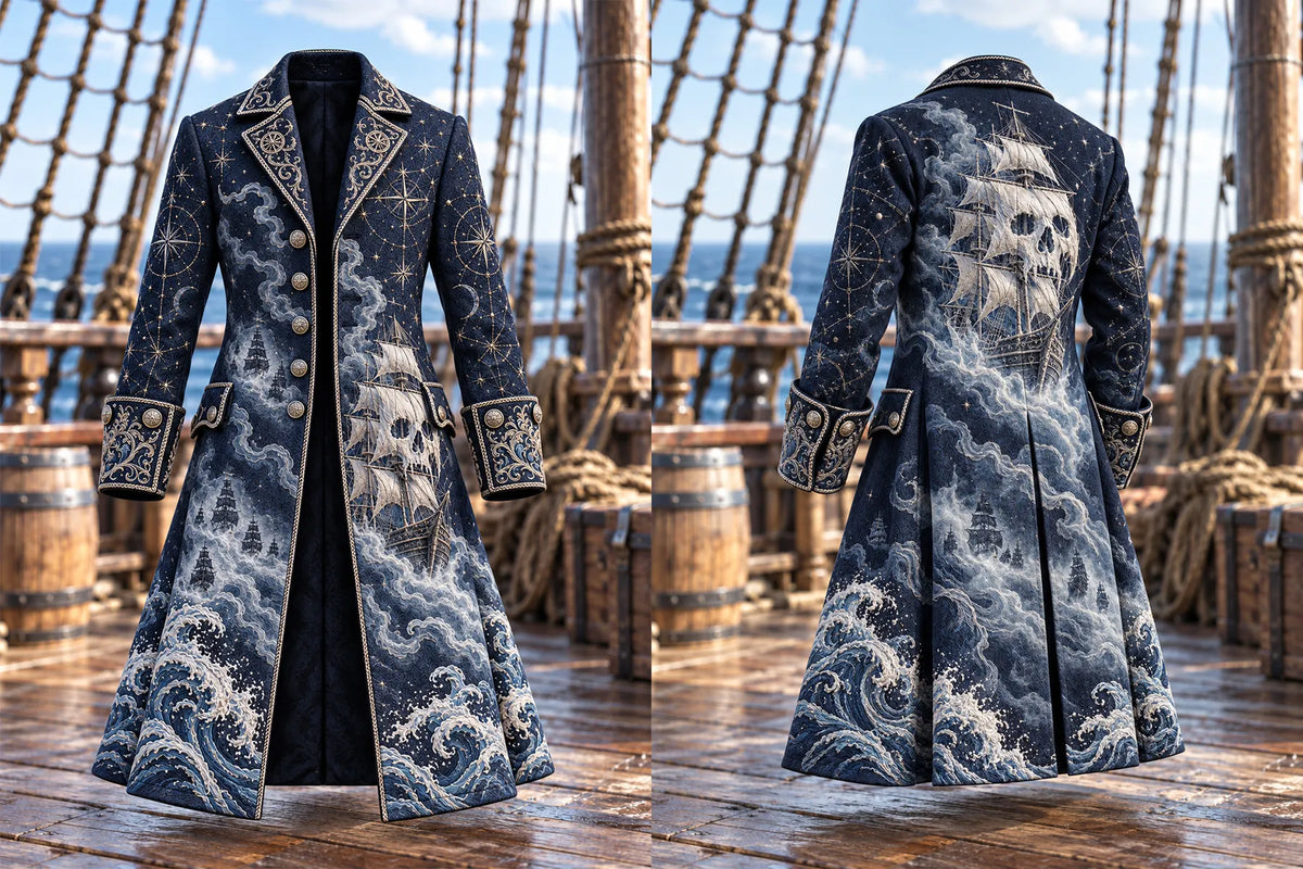🌊 Men's Ghost Ship & Ocean Waves Pirate Coat
