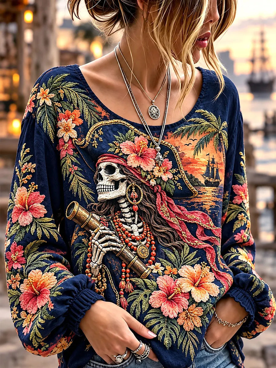Pirate Skeleton Telescope Tropical Floral Long Sleeve Top