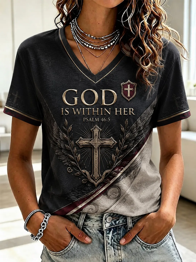 Women'S God Faith Print V-Neck T-Shirt