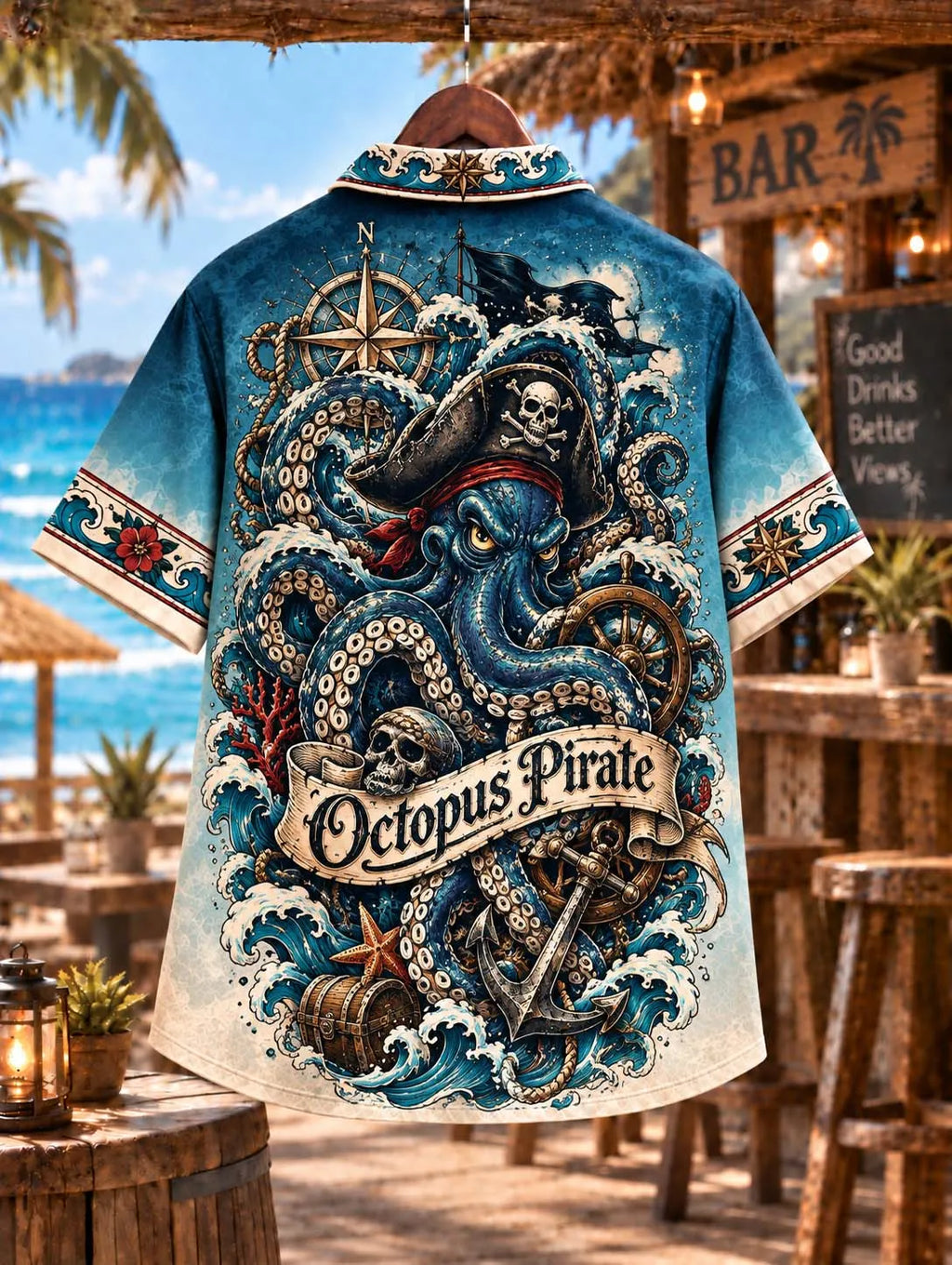 ☠️ Octopus Pirate Vintage Nautical Treasure Chest & Anchor Blue Beach Shirt
