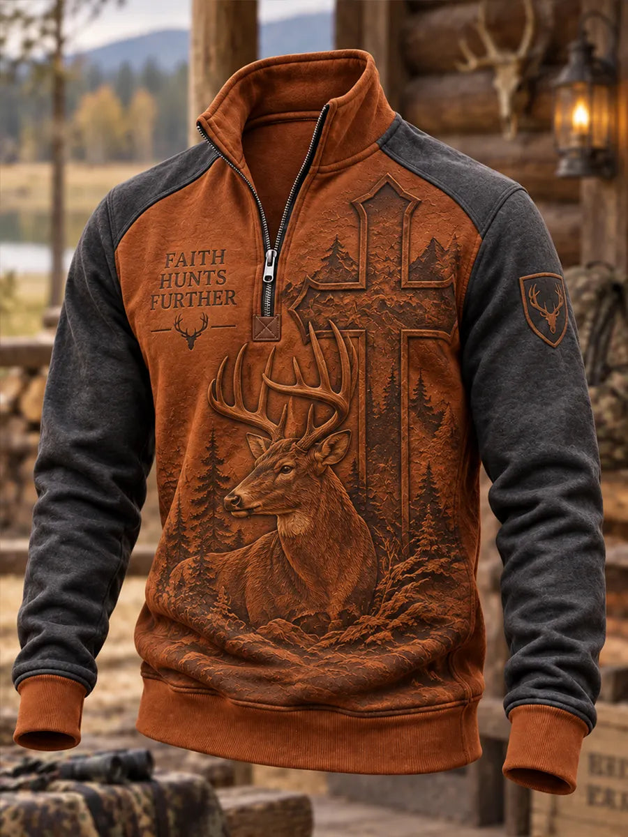 Men's Retro Deer Hunting Print Casual Zip-Up Sweatshirt
