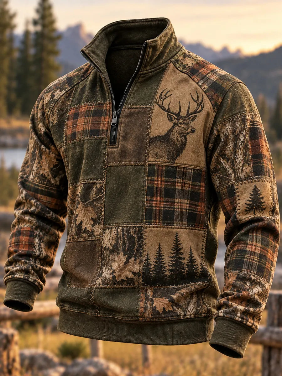 Men's Retro Hunting Culture Print Casual Zip-Up Sweatshirt
