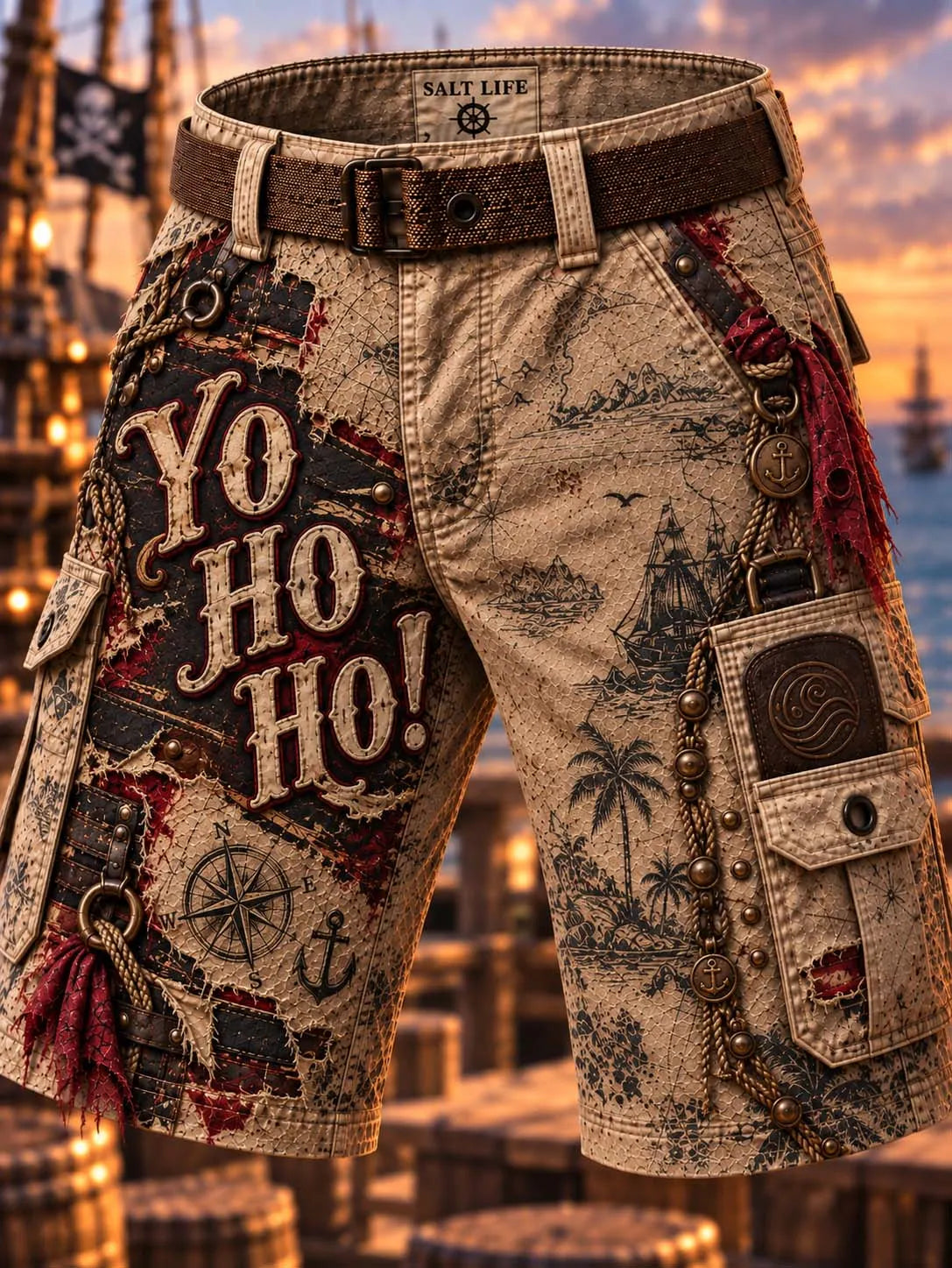 🏴‍☠️ 🗺️ Yo Ho Ho Pirate Treasure Map 🧭 Nautical Vintage Cargo Shorts