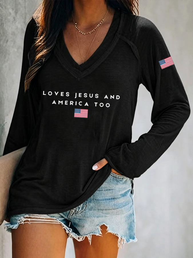 Women's Loves Jesus and America Too1776-2026 American Flag Long Sleeve T-shirt