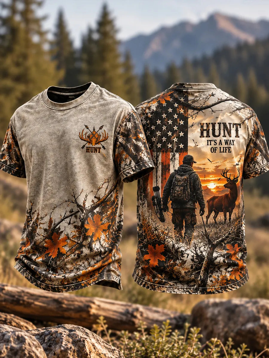 Men's Retro Hunting Culture Print Crew Neck Short Sleeve T-Shirt