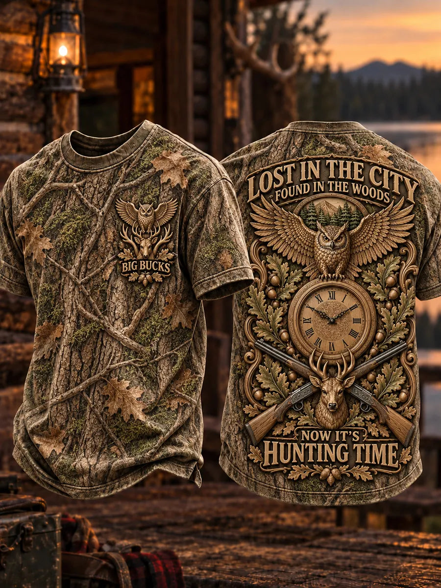 Men’s Retro “LOST IN THE CITY · FOUND IN THE WOODS · NOW IT'S HUNTING TIME” Hunting Season Printed T-Shirt