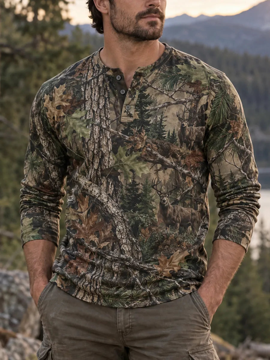 Men’s Retro Hunting Culture Print Casual Long Sleeve Henley Shirt