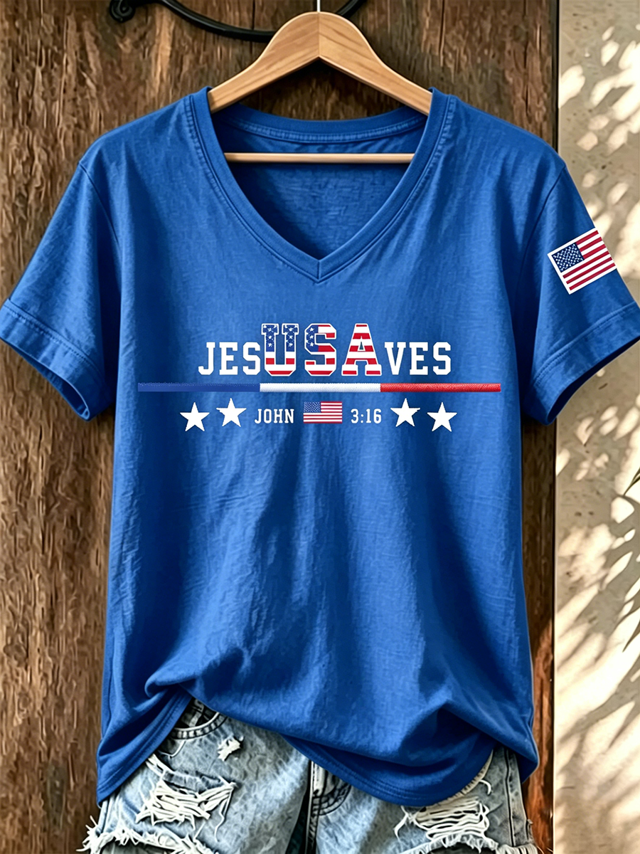American Faith Jesus Cross Commemorative Print V-Neck T-Shirt