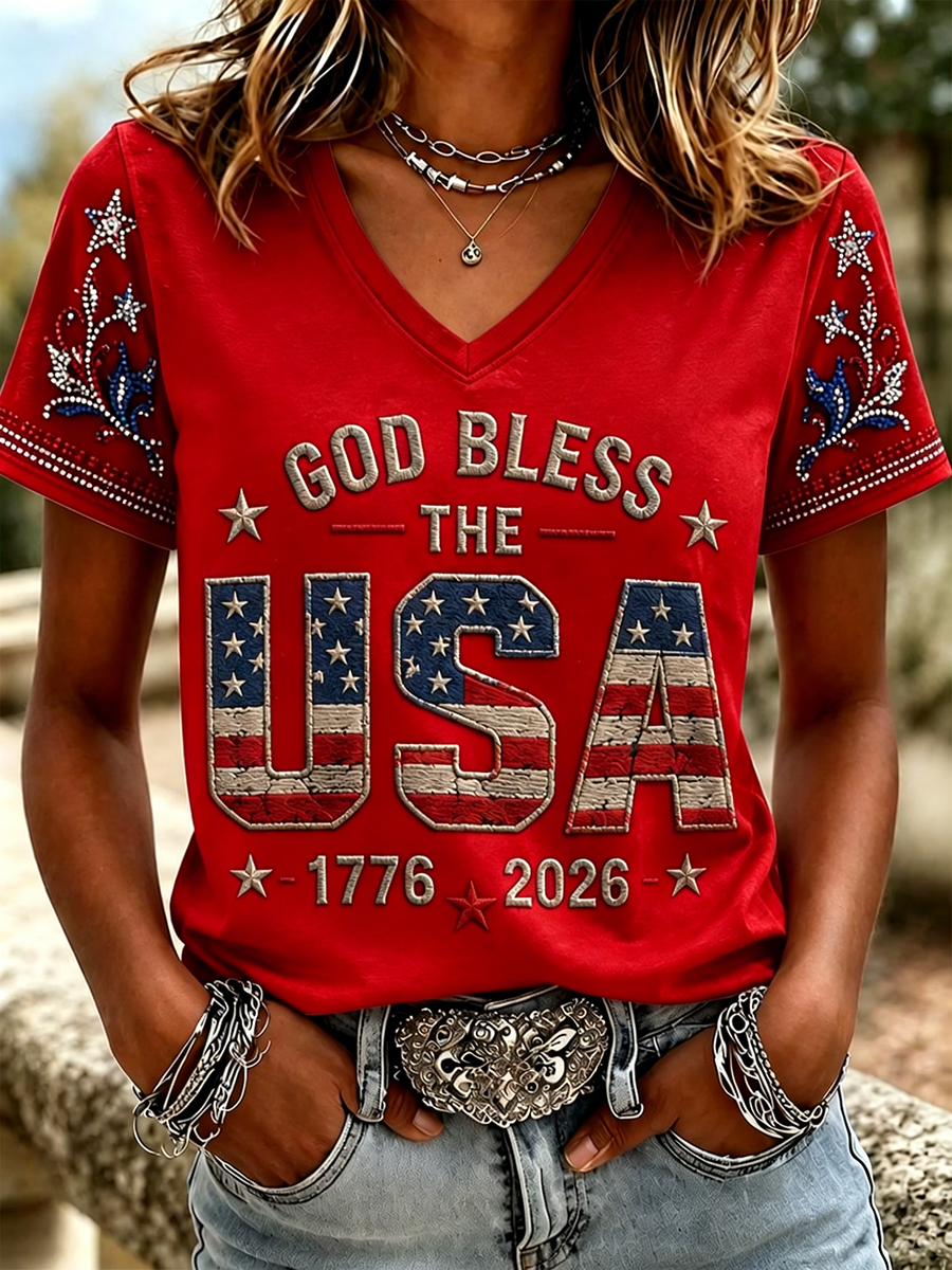 Women'S God Bless The USA 1776-2026 American Flag Rhinestone Sleeve V Neck Short Sleeve T-Shirt