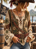 Women's Vintage-Style Pirate Art Print Casual Top
