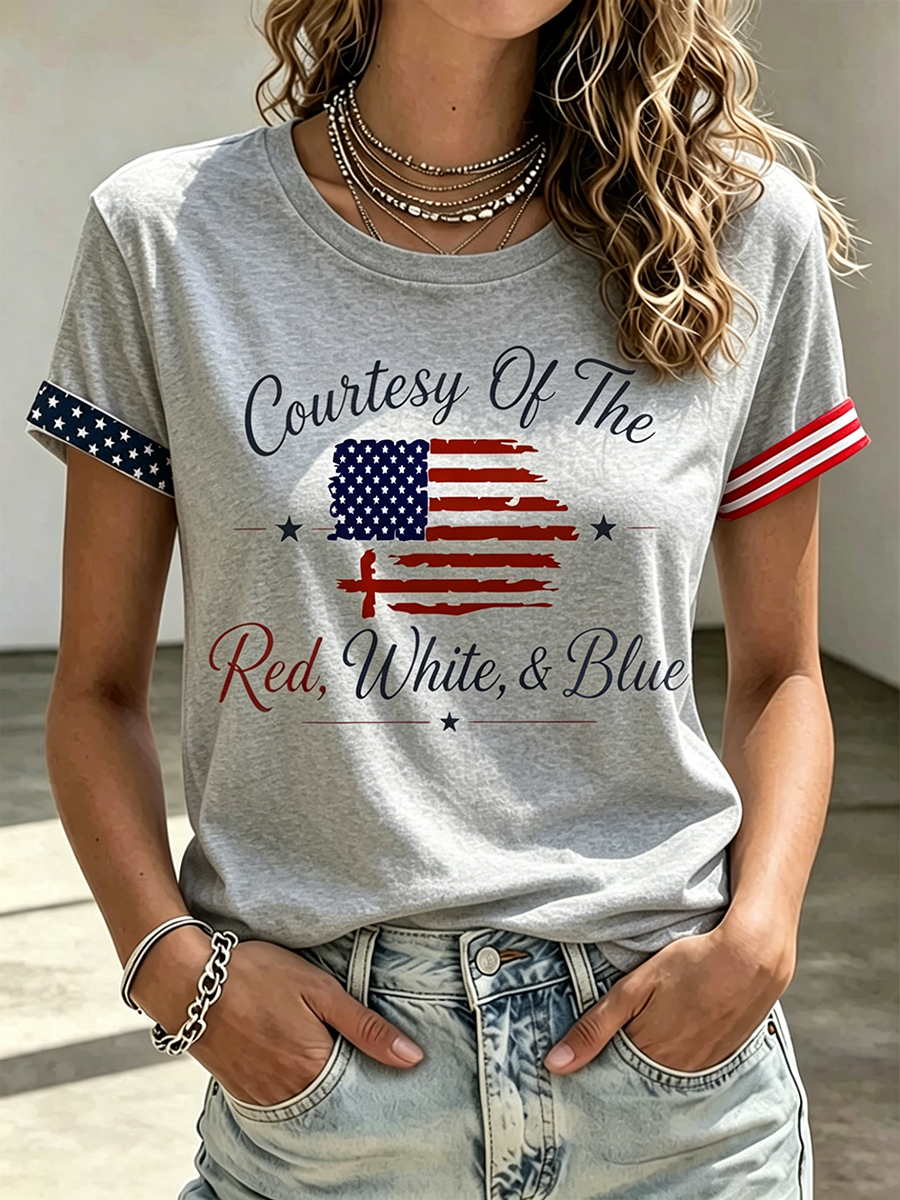 American Flag Faith Cross Commemorative Printed Casual T-Shirt